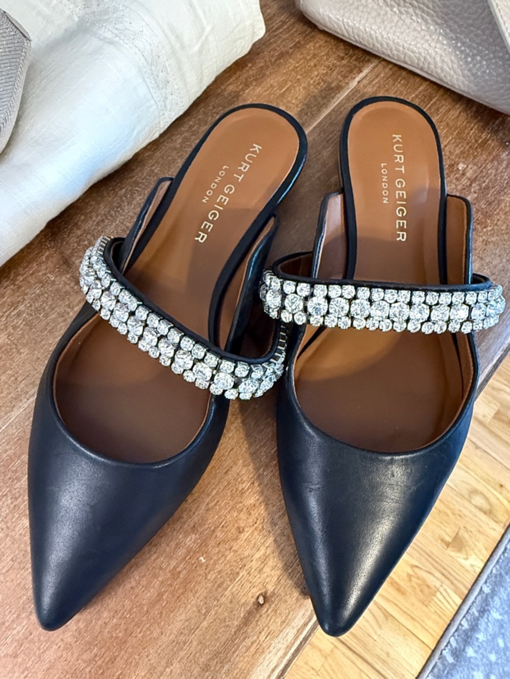 Kurt Geiger Black Pointed Toe Crystal-Strap Mules